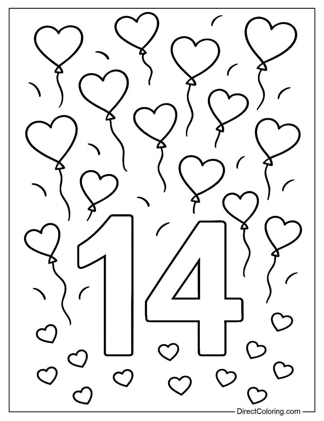 Coloring page number 14 with 14 small hearts flying like balloons.